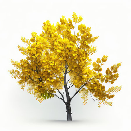Tree with yellow leaves isolated on white background. 3D illustration.の素材