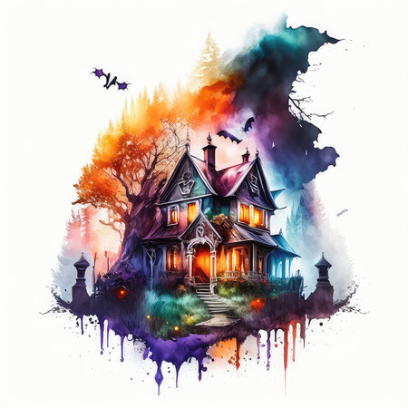 Halloween background with haunted house and flying bats. Vector illustration.の素材