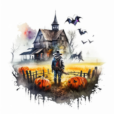 Halloween illustration with a scarecrow and pumpkins in front of a barnの素材