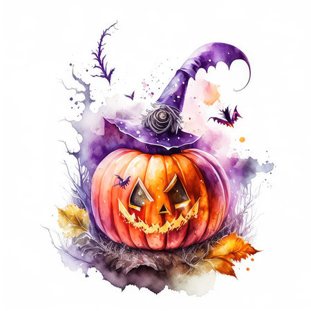Watercolor illustration of halloween pumpkin with witch hat and feathersの素材