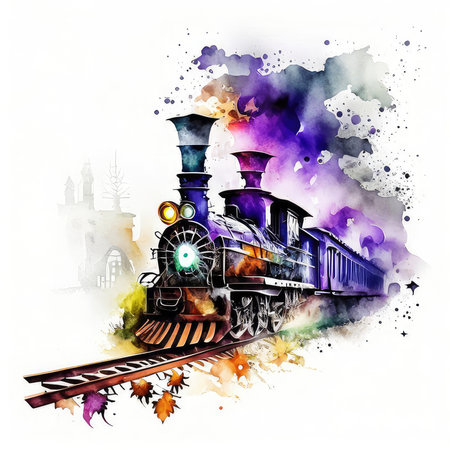 Steam locomotive in the city on a white background. Watercolor illustrationの素材