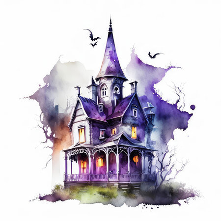 Halloween watercolor background with haunted house and bats. Vector illustration.の素材