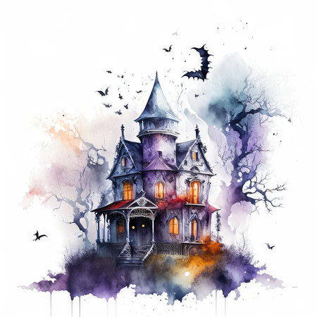 Halloween watercolor background with haunted house and bats. Hand drawn illustrationの素材