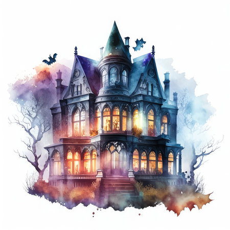 Watercolor illustration of a haunted house with bats flying around. Halloween illustration.の素材