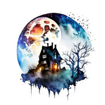 Halloween background with full moon and haunted house. Watercolor illustrationの素材