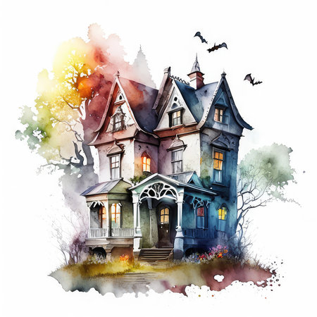 Watercolor hand painted illustration of a beautiful old house in the forestの素材