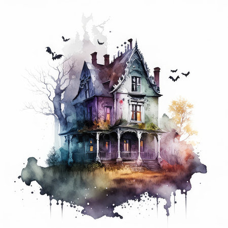 Watercolor illustration of a haunted house on a background of autumn landscapeの素材
