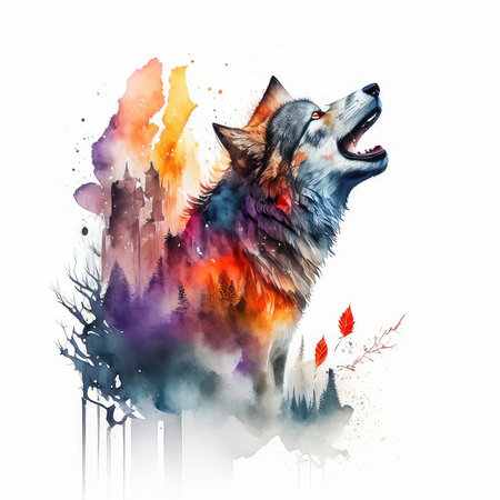Wolf howling in the autumn forest. Watercolor painting illustration.の素材