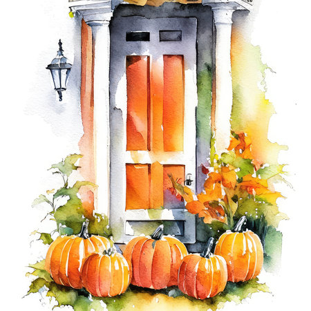 Watercolor illustration of pumpkins in front of the house on Halloweenの素材