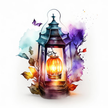 Watercolor illustration of Halloween lantern with pumpkins on a white backgroundの素材
