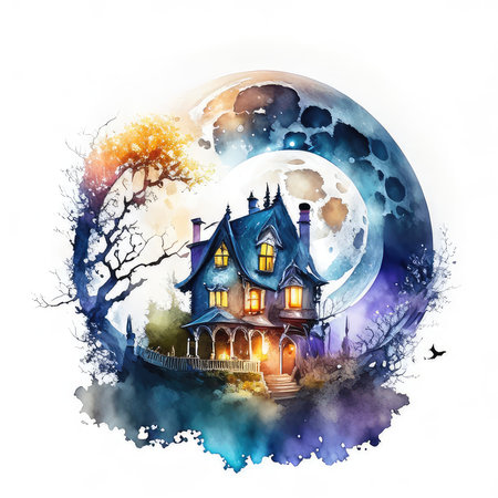 Halloween background with full moon and haunted house. Watercolor illustrationの素材