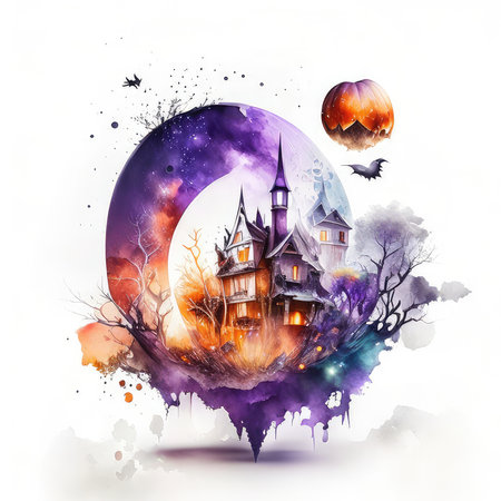 Halloween background with haunted house, pumpkins and bats. Watercolor illustrationの素材