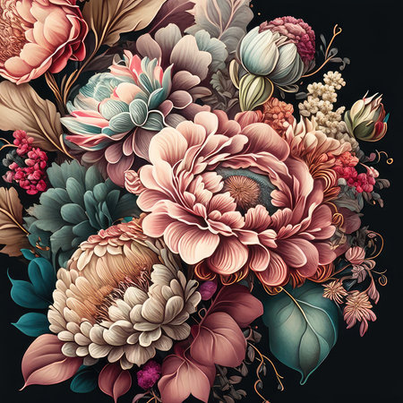 Vintage floral bouquet on the black background. Hand-drawn illustration.の素材