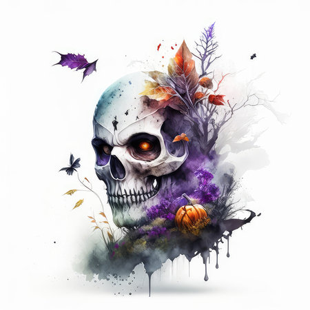 Watercolor illustration of skull with autumn leaves and flowers. Halloween.の素材