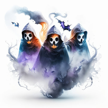 Halloween spooky background with ghost and bats. Vector illustration.の素材