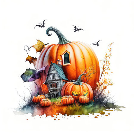 Halloween background with pumpkins and house. Watercolor illustration.の素材