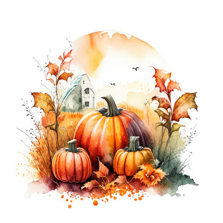 Watercolor autumn landscape with pumpkins and house. Vector illustration.の素材