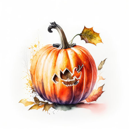 Halloween pumpkin with autumn leaves on white background. Watercolor illustrationの素材