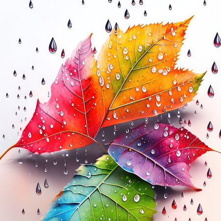 Autumn leaves with water drops on a white background. 3d illustrationの素材