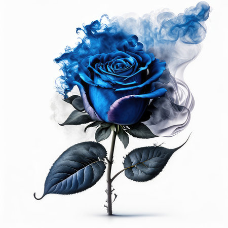 Blue rose and smoke isolated on white background. 3D illustration.の素材