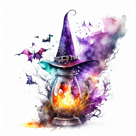 Watercolor illustration of a witch's lantern with a hat on a background of a magic potion. Halloween.の素材