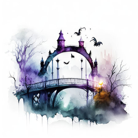 Watercolor illustration of the bridge over the river in the misty nightの素材