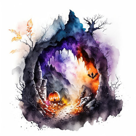Halloween background with fire and pumpkins. Watercolor illustration.の素材