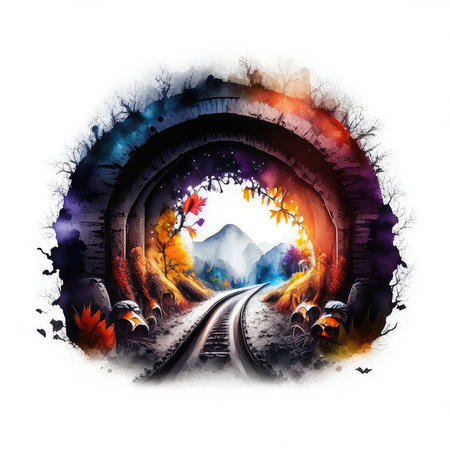Grunge illustration of an old tunnel with a train running through the forestの素材