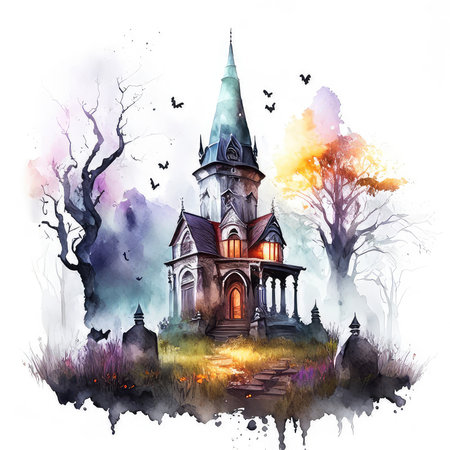 Watercolor illustration of an old church in the forest. Halloween.の素材