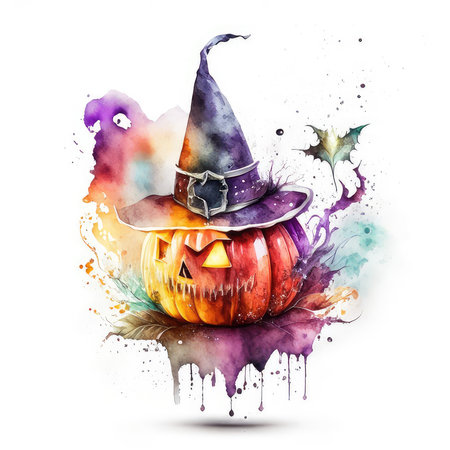 Halloween pumpkin with witch hat, watercolor splash, vector illustrationの素材