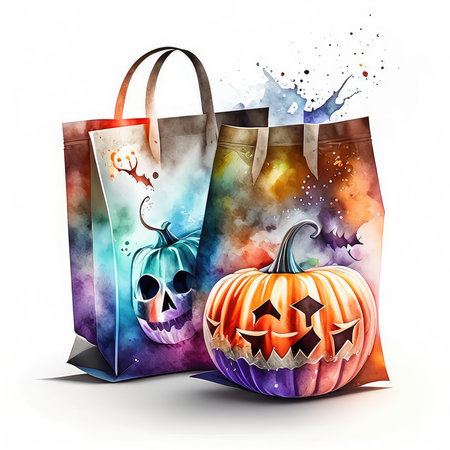 Halloween shopping bags with pumpkins and ghosts on watercolor backgroundの素材
