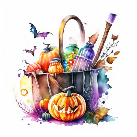 Hand drawn watercolor illustration of Halloween basket with pumpkins, bats and spiders.の素材