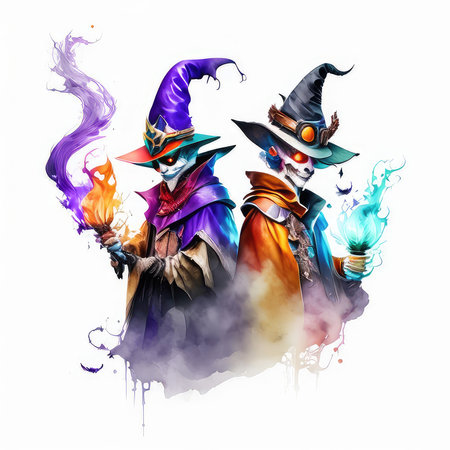 Three witches with fire and smoke. Illustration on white background.の素材