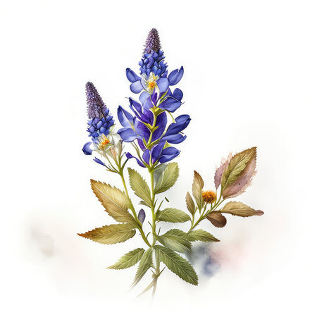 Watercolor bouquet of blue lupine flowers on a white backgroundの素材