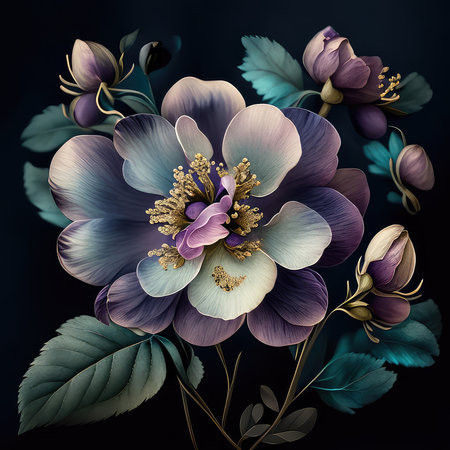 Beautiful purple and blue peony flower on black background. Floral composition.の素材