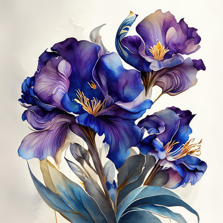 Beautiful blue iris flowers bouquet. Hand drawn watercolor illustrationの素材