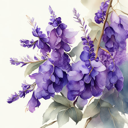 Bouquet of purple wisteria flowers. Watercolor illustrationの素材