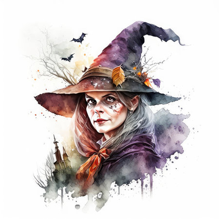Watercolor illustration of a witch in a hat with a broom. Halloween.の素材