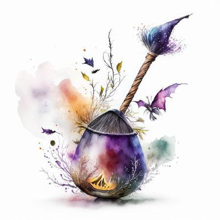 Watercolor Halloween illustration with pumpkins and witch broom. Hand drawn illustrationの素材