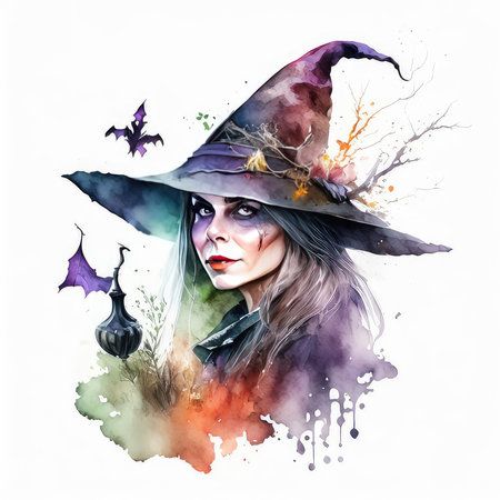 Portrait of beautiful woman in witch costume. Watercolor illustration.の素材