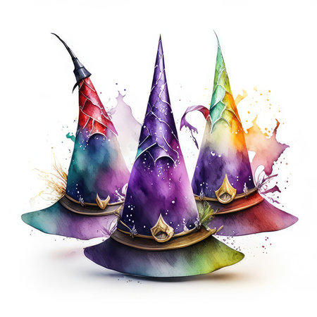 Witch's magic hat. Watercolor illustration on white background.の素材