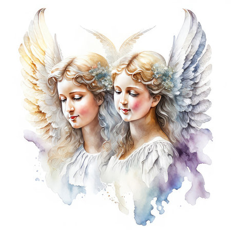 Two angels with wings. Watercolor illustration isolated on white background.の素材