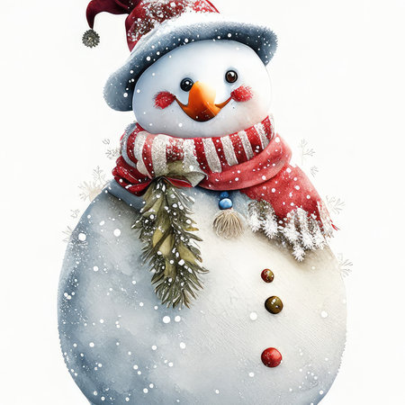 Snowman with red scarf and hat isolated on white background. Watercolor illustration.の素材