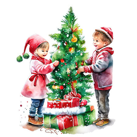 Little boy and girl decorating the Christmas tree. Watercolor illustrationの素材