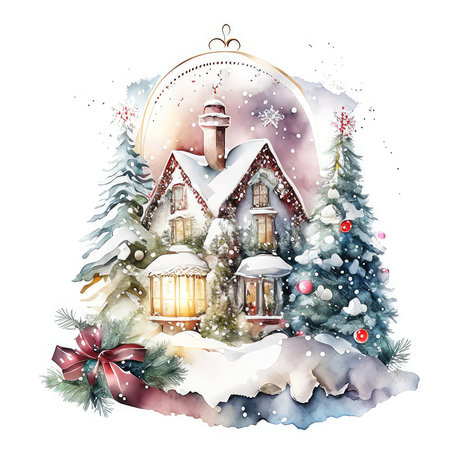 Christmas greeting card with winter village. Hand drawn watercolor illustration.の素材
