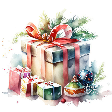 Watercolor Christmas illustration with gift boxes and fir tree branches. Isolated on white backgroundの素材
