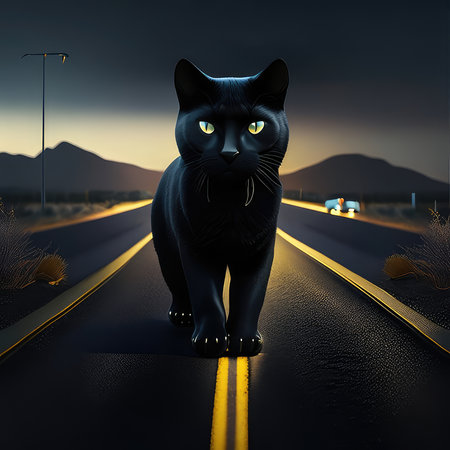 Black cat on the road in the middle of the desert. 3d renderingの素材
