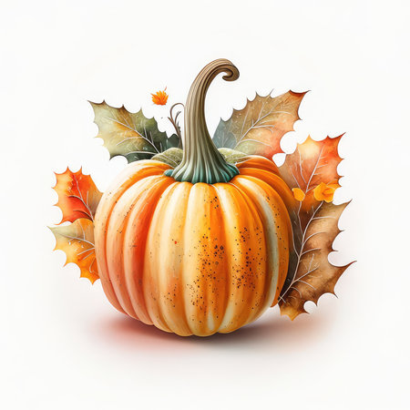 Pumpkin with autumn leaves isolated on white background. Vector illustration.の素材