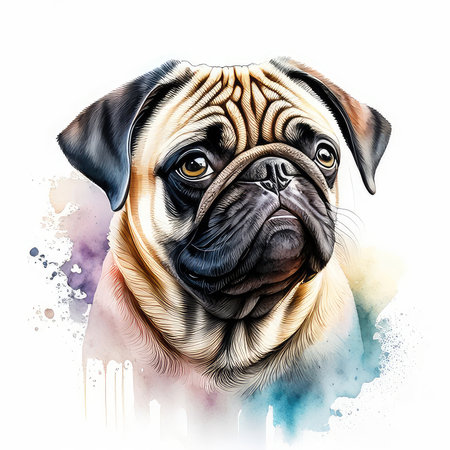 Portrait of cute pug dog. Digital watercolor painting.の素材