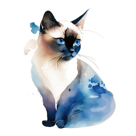 Watercolor siamese cat with blue eyes on a white backgroundの素材